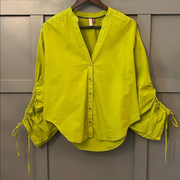 Anthropologie Pilcro Drawstring Poplin Blouse Button Down Chartreuse Size Medium - Picture 5 of 10